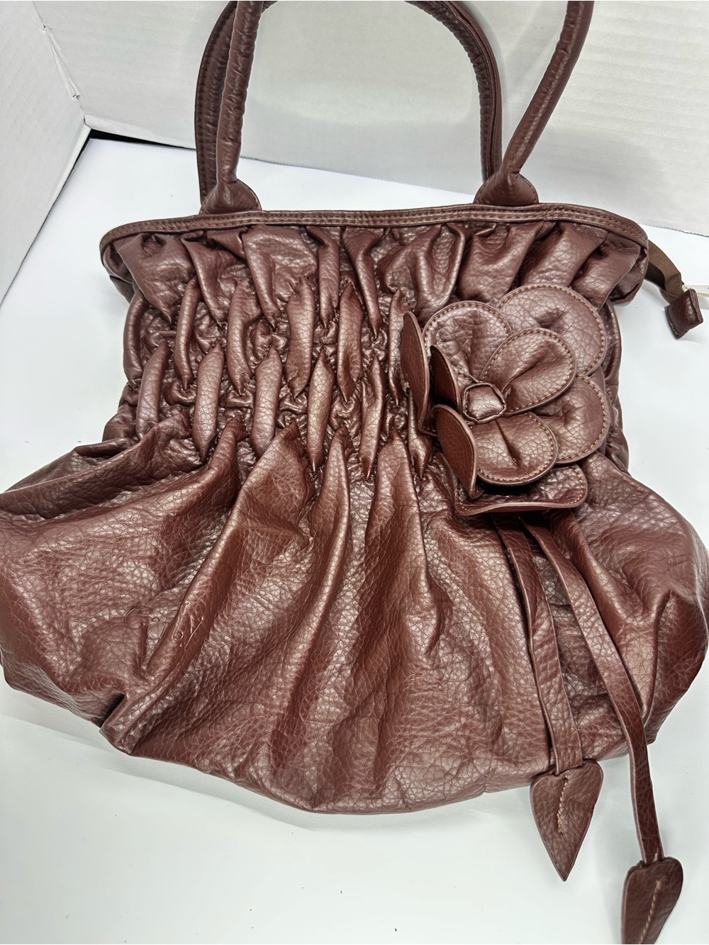 Vintage Curly Brown Genuine Leather Ruched Hobo Bag 3D Flower Detail Y2K - Picture 5 of 7